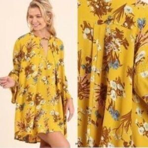 Altar'd State Mustard Yellow Floral Bell Sleeve Keyhole Shift Dress Large Derby